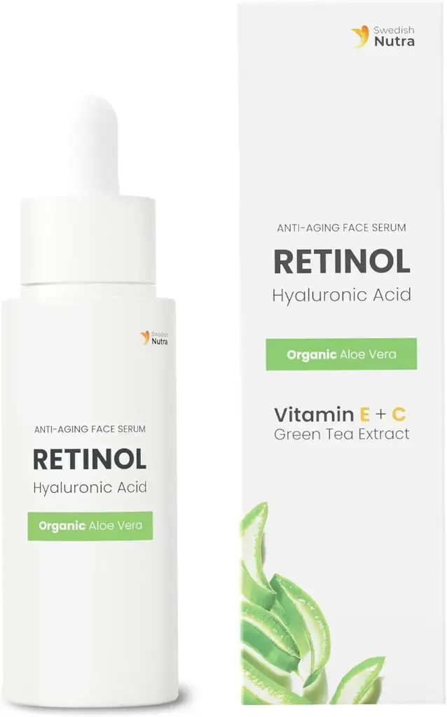 Swedish Nutra Anti-Aging Retinol Serum I Smooth & Radiant Skin Treatment I Hyaluronic Acid, Organic Aloe Vera, Vitamin E, C, Green Tea Extract I Made in Sweden - 30ml