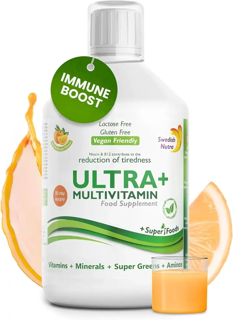 Swedish Nutra - Ultra+ Multivitamin Liquid Food Supplement - Pack of 500 ml, 33 Day Supply | Packed with Vitamins, Minerals, Super Greens & Aminos to Boost Energy & Immunity I Natural Orange Flavor