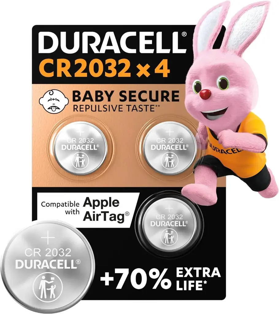 Duracell CR2032 Lithium Coin Batteries 3V (4 Pack) - Up to 70% Extra Life* - Baby Secure Technology & Packaging – For Apple AirTags, Key Fobs, Home Devices, Fitness and Medical Accessories