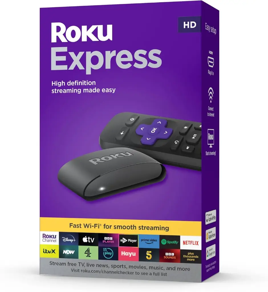 Roku Express (New, 2023) HD Streaming Device with High-Speed HDMI Cable and Standard Remote (No TV Controls), Guided Setup and Fast Wi-Fi
