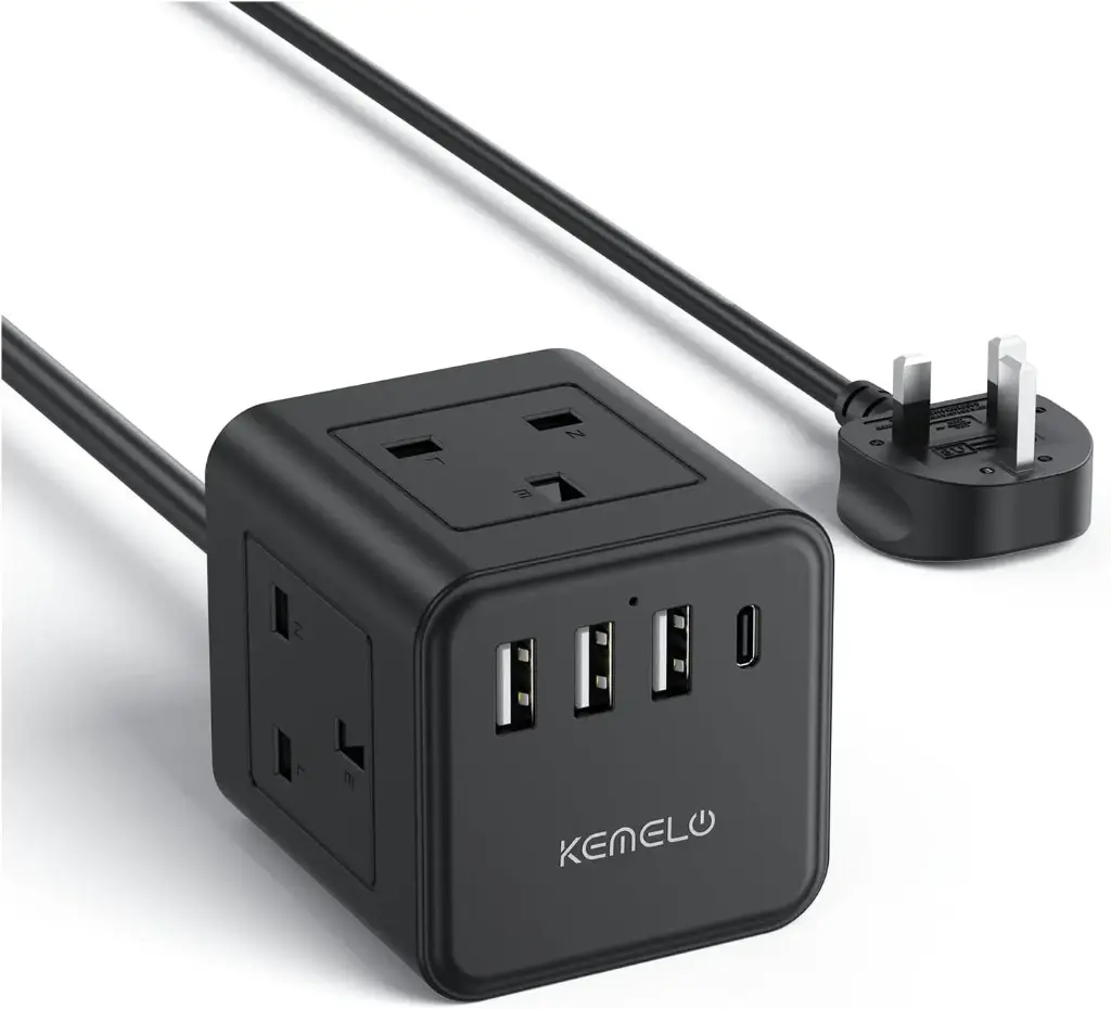 Extension Lead with 4 USB Slots, Kemelo 4 Way (13A/3250W) Multi Plug Extension Cable with Child Safety UK Desktop Power Extension Socket,1.5M Extension Cords for Home Dorm Office Travel