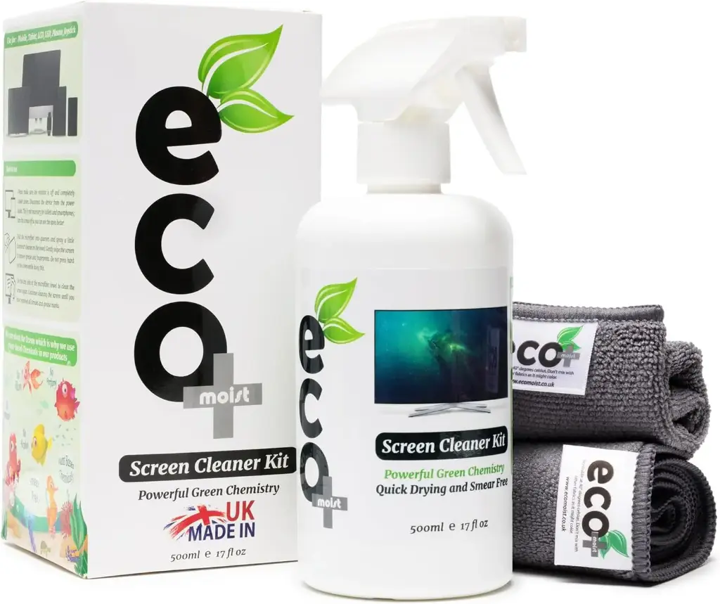 Ecomoist Screen Cleaner 500ml with two Microfibre Towels 40x40cm and 20x20cm Ecofriendly Cleaning Best for LCD LED HDTV Computer Monitors TV iPad iPhone Tablet Smartphone Laptops (500ml)