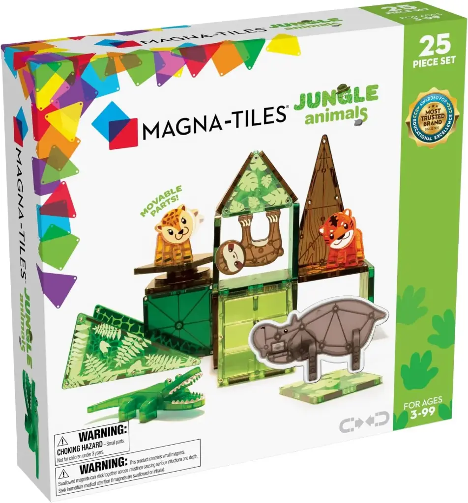 Magna-Tiles Jungle Animals 25-Piece Set - 3D magnetic building tiles, Clear Colors