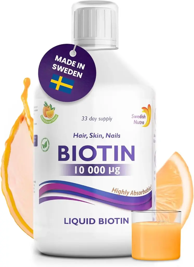 Swedish Nutra - Liquid Biotin 10,000 UG Supplement - Pack of 500 ml, 33 Day Supply | Biotin and Vitamin C for Healthy Hair, Skin and Nails I 100% Natural Orange Flavour | Vegan and Gluten Free