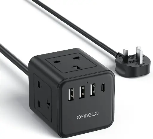 Extension Lead with 4 USB Slots, Kemelo 4 Way (13A/3250W) Multi Plug Extension Cable with Child Safety UK Desktop Power Extension Socket,1.5M Extension Cords for Home Dorm Office Travel