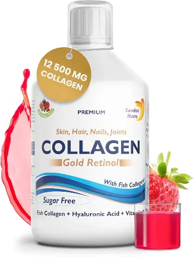 Swedish Nutra - 12,500 mg Hydrolyzed Marine Collagen & Gold Retinol Liquid Supplement - 500 ml Pack, 20 Day Supply | Pure Peptide & Hyaluronic Acid for Healthy Hair, Skin, Nails & Joints I Sugar-Free