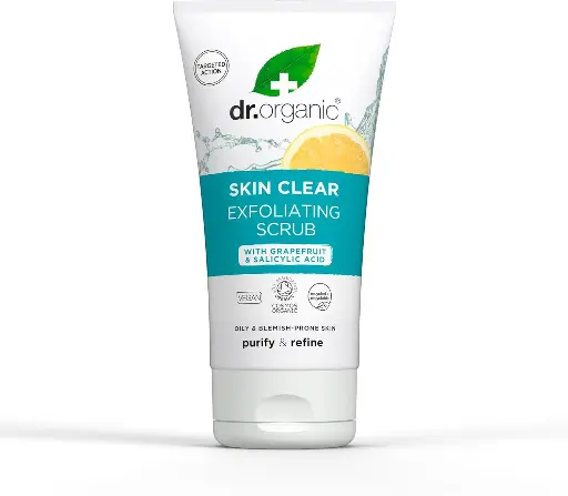 Dr Organic Skin Clear Exfoliating Scrub, Cleansing , For Acne & Clear Skin, Salicylic Acid, Oily, Problem Skin, Natural, Vegan, Cruelty-Free, Paraben & SLS-Free, Recycled & Recyclable, Organic, 150ml